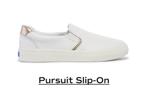 A side view of the Pursuit Leather Slip-On in egret/champagne. Shop the Pursuit Slip-On.