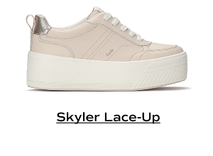A side view of the Skyler II Leather Metallic Heel Lace-Up in light pink. Shop the Skyler Lace-Up.