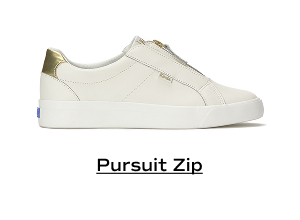 A side view of the Pursuit Zip Leather Metallic Heel in snow white/gold. Shop the Pursuit Zip.