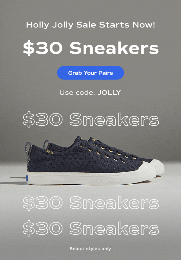 A side view of a pair of the Cruise Mini Daisy Eyelet Slip-Ons in navy, text over the image says Holly Jolly Sale Starts Now! $30 Sneakers with code JOLLY. Select styles only. Grab Your Pairs.
