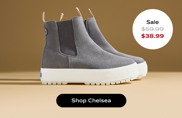 A brown background with a side view of the Platform Chelsea Lug Boot in grey. The style was $59.99 and is now $38.99 for a limited time. Shop Chelsea.
