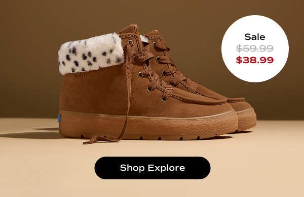 A brown background with a side view of the Explore Bootie Suede in dark brown. The style was $59.99 and is now $38.99 for a limited time. Shop Explore.