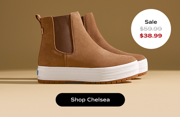 A brown background with a side view of the Platform Chelsea Lug Boot in brown. The style was $59.99 and is now $38.99 for a limited time. Shop Chelsea.
