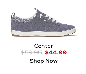 A side view of the Center III Chambray Slip-On in blue. The shoe was $59.95 and is now $44.99 for a limited time. Shop Now.