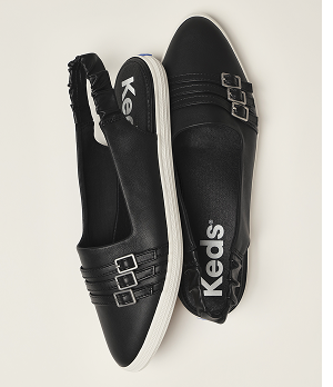 A top-down view of a pair of Point Slingback Leather Deco Buckles flats in black.