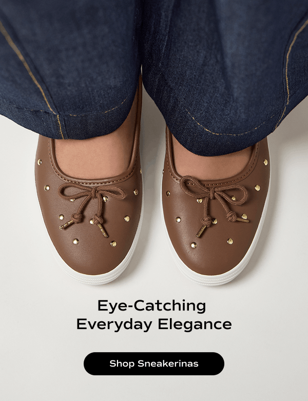 A top-down view of a pair of Maisie Ballet Leather Stud flats in brown shown on-foot paired with dark-wash jeans. Copy on the image says Eye-Catching Everyday Elegance. Shop Sneakerinas.