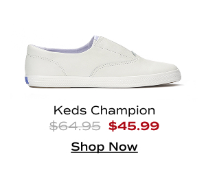 A side view of the Keds Champion Round Toe Leather Slip-On in off white. The style was $64.95 and is now $45.99 for a limited time. Shop Now.