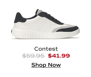 A side view of the Contest Leather/Suede Lace-Up in white/black. The style was $59.95 and is now $41.99 for a limited time. Shop Now.