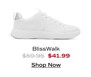 A side view of the BlissWalk Lace-Up in white/silver. The style was $59.95 and is now $41.99 for a limited time. Shop Now.