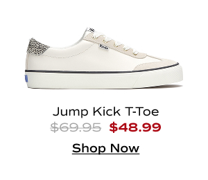 A side view of the Jump Kick T-Toe Leather/Suede Hair Calf Heel Lace-Up in off white/beige. The style was $69.95 and is now $48.99 for a limited time. Shop Now.