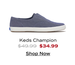 A side view of the Keds Champion Round Toe Chambray Slip-On in navy. The style was $49.99 and is now $34.99 for a limited time. Shop Now.