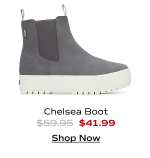 A side view of the Platform Chelsea Lug Boot in grey. The style was $59.99 and is now $41.99 for a limited time. Shop Now.