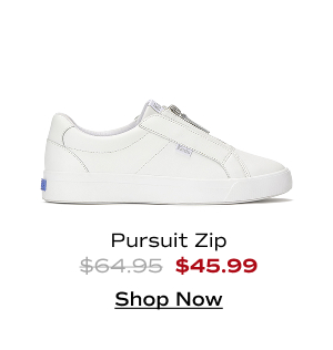 A side view of the Pursuit Zip Leather in white. The style was $64.95 and is now $45.99 for a limited time. Shop Now.