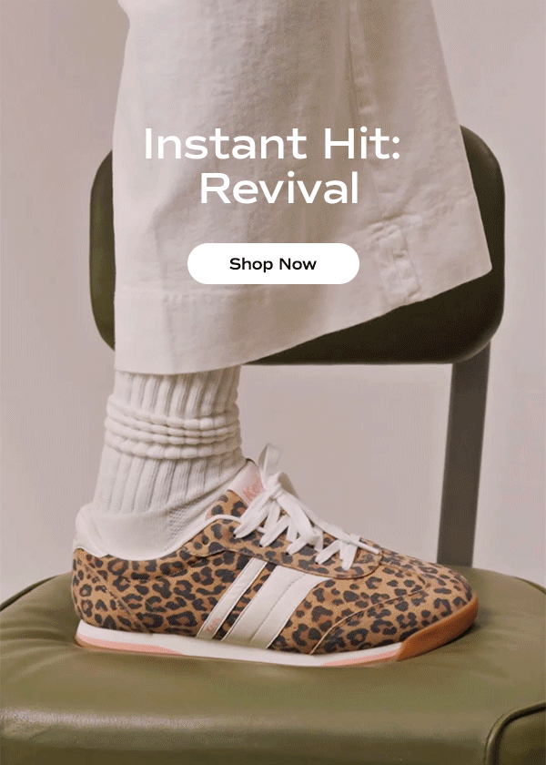 A GIF of the Revival shown on foot sitting on top of a green leather chair. The GIF rotates through the three colors, the chocolate is paired with frilled white ankle socks, the orange is paired with cream socks and light wash denim, and the leopard print is paired with thick cream socks and beige pants. Text overlaid on the image says Instant Hit: Revival. Shop Now.