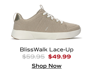A side view of the BlissWalk Jersey Lace-Up in oatmeal. The style was $59.95 and is now $49.99. Shop Now.