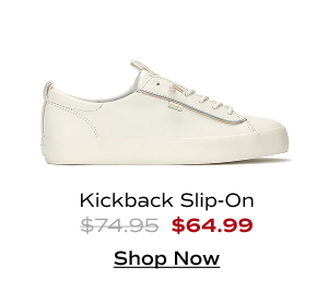 A side view of the Kickback Premium Leather Pop Binding Slip-On in egret/gold. The style was $74.95 and is now $64.99. Shop Now.