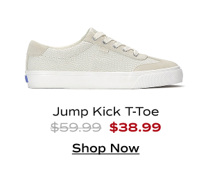 A side view of the Jump Kick T-Toe Dalmata Leather/Suede Lace-Up in cream/taupe. The style was $59.99 and is now $38.99 with code SAVE35. Shop Now.