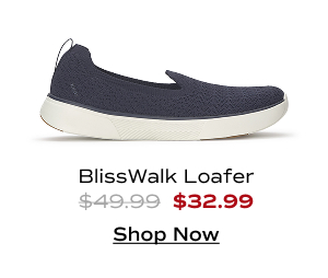 A side view of the BlissWalk Knit Loafer in navy. The style was $49.99 and is now $32.99 with code SAVE35. Shop Now.