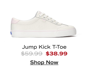 A side view of the Jump Kick T-Toe Perforated Leather Lace-Up in white. The style was $59.99 and is now $38.99 with code SAVE35. Shop Now.