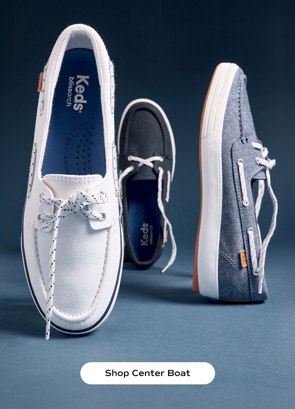 A blue background with the Center III Boat in white, navy blue, and blue balanced on its toe or heel. Shop Center Boat.