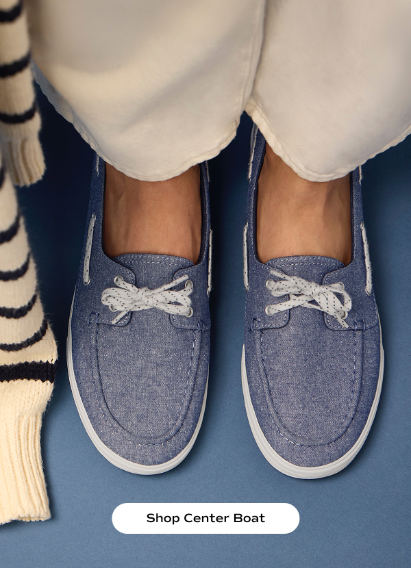 An overhead view of the Center III Boat in blue on foot paired with white jeans. Shop Center Boat.