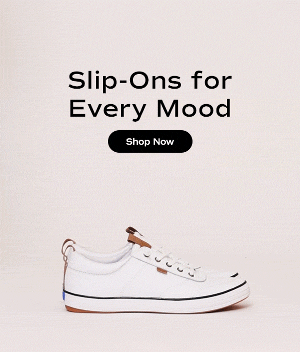 A video of a woman stepping into the Center III Leather Slip-Ons in white/navy. The email says Slip-Ons for Every Mood. Shop Now.