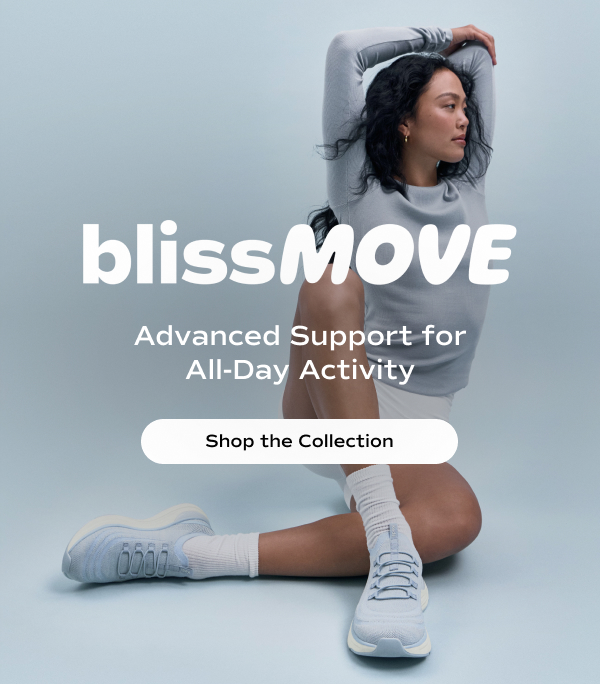 A woman in an athleisure outfit—a light blue ribbed long-sleeved shirt and white bike shorts—paired with the BlissMove Knit Slip-Ons in light blue. She is posed in a stretch to illustrate the sneaker’s flexible design. Text on the image says BlissMove. Advanced support for all-day activity. Shop the Collection.
