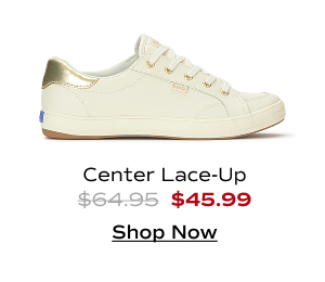 A side view of the Center III Leather Lace-Up in egret/gold which was $64.95 and is now $45.99 for a limited time. Shop Now.