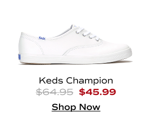 A side view of the Keds Champion Leather Lace-Up in white which was $64.95 and is now $45.99 for a limited time. Shop Now.