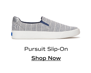 A side view of the Pursuit Chambray Lurex Stripe Slip-On in vintage indigo/silver. Shop Now.