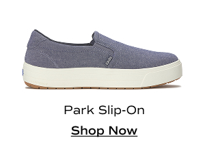 A side view of the Park Chambray Slip-On in blue. Shop Now.