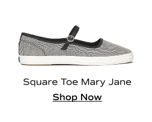 A side view of the Square Toe Mary Jane Dalmata Leather in white/back. Shop Now.