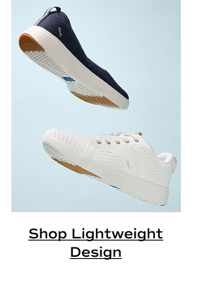 Two BlissWalk styles—the Skimmer in navy and the lace-up in white—floating in the air set against a light blue background. Shop Lightweight Design.