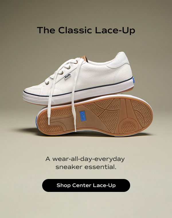 A side view of the Center III Canvas Lace-Up in white/blue stacked on top of the same style with the rubber sole facing out. The text says The Classic Lace-Up. A wear-all-day-everyday sneaker essential. Shop Center Lace-Up.