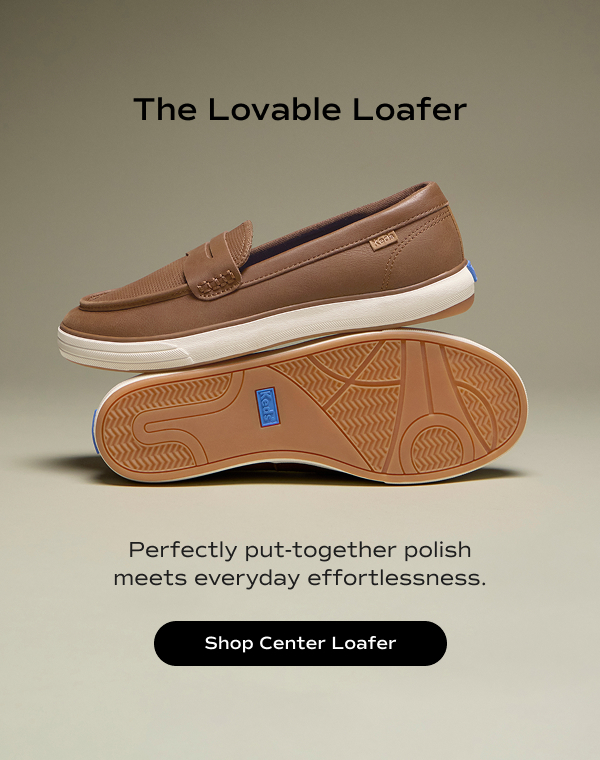 A side view of the Center III Leather Loafer in cognac stacked on top of the same style with the rubber sole facing out. The text says The Lovable Loafer. Perfectly put-together polish meets everyday effortlessness. Shop Center Loafer.