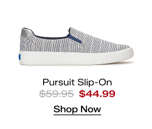 A side view of the Pursuit Chambray Lurex Stripe Slip-On in vintage indigo/silver which was $59.95 and is now $44.99 for a limited time. Shop Now.