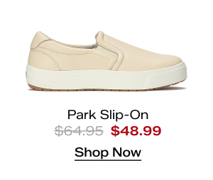A side view of the Park Leather Slip-On in parchment which was $64.95 and is now $48.99 for a limited time. Shop Now.
