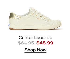 A side view of the Center III Leather Lace-Up in egret/gold which was $64.95 and is now $48.99 for a limited time. Shop Now.