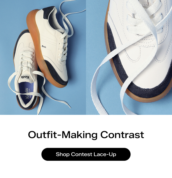 A blue background with a pair of the just-in, untied Contest Leather/Suede Lace-Up in snow white/navy on the left and a close-up of the style on the right. The text says Outfit-Making Contrast. Shop Contest Lace-Up.