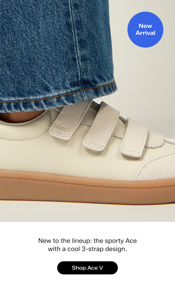 A partial side view of the Ace II V Leather/Suede Translucent Midsole in snow white/oatmeal paired with denim. The text says New to the lineup: the sporty Ace with a cool 3-strap design. Shop Ace V.