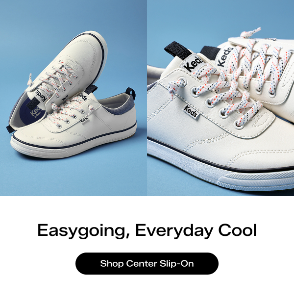 A blue background with a pair of Center III Leather Nautical Slip-Ons in snow white/navy positioned in different angles on the left side with a close-up of the shoes on the right side. The text says Easygoing, Everyday Cool. Shop Center Slip-On.