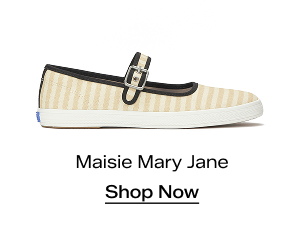 A side view of the Maisie Mary Jane Printed Stripe Twill in natural/black. Shop Now.
