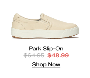 A side view of the Park Leather Slip-On in parchment. The style was $64.95 and is now $48.99 for a limited time. Shop Now.