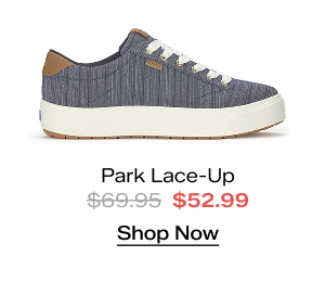 A side view of the Park Stripe Chambray Lace-Up in blue. The style was $69.95 and is now $52.99 for a limited time. Shop Now.