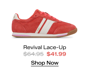 A side view of the Revival Suede/Leather Lace-Up in orange/white which was $64.95 and is now $41.99 for a limited time. Shop Now.