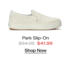 A side view of the Park Stripe Eyelet Slip-On in snow white which was $64.95 and is now $41.99 for a limited time. Shop Now.