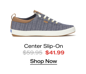 A side view of the Center III Stripe Chambray Slip-On in blue/cognac which was $59.95 and is now $41.99 for a limited time. Shop Now.