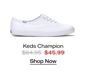 A side view of the Keds Champion Leather Lace-Up in white which was $64.95 and is now $45.99 for a limited time. Shop Now.
