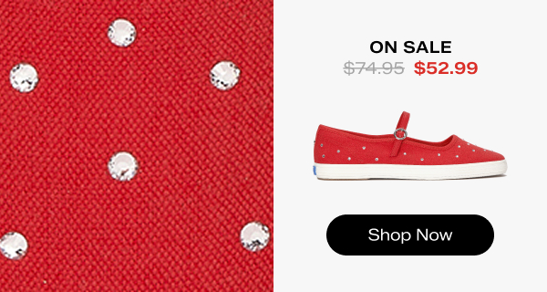 A side view of the Square Toe Mary Jane Woven in red on the right and a close-up of the rhinestone-embellished fabric on the left. The style was $74.95 and is now on sale for $52.99. Shop Now.