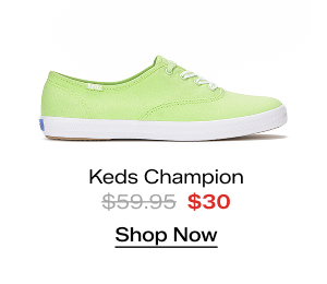 A side view of the Keds Champion Canvas Lace-Up in light lime green. The style was $59.95 and is now $30. Shop Now.